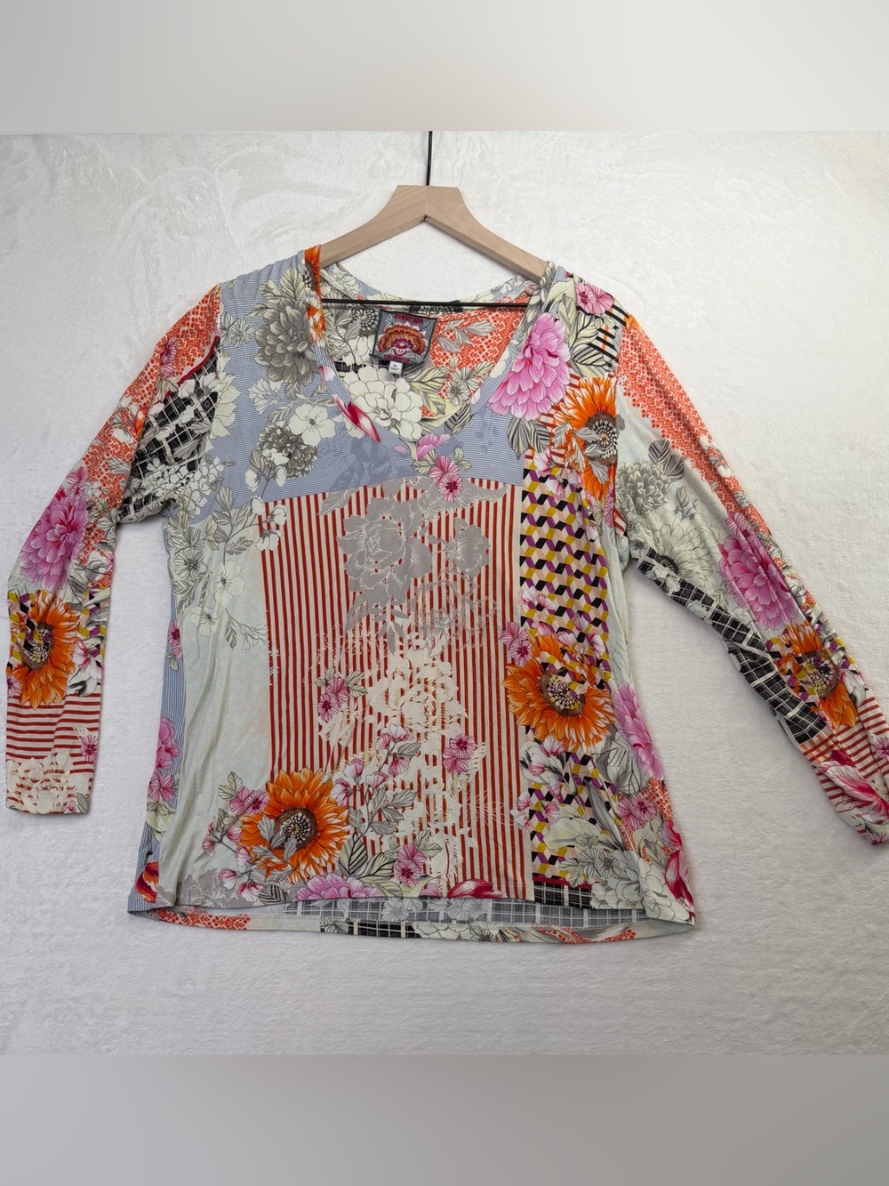 Johnny Was Floral Patchwork Mixed Print Long Sleeve Top XL Boho